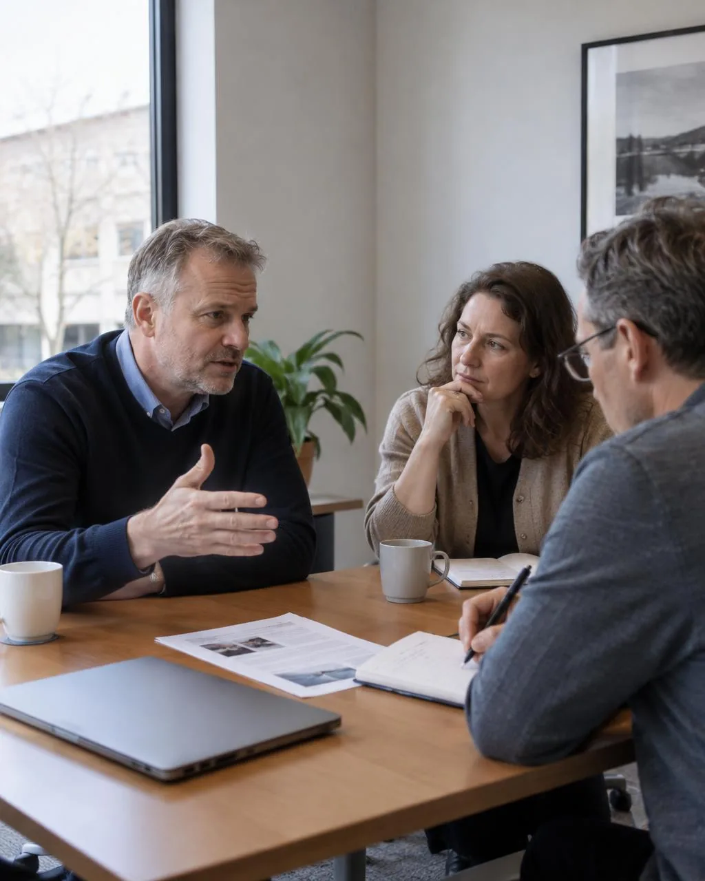 Three colleagues in an ordinary meeting room, mid conversation